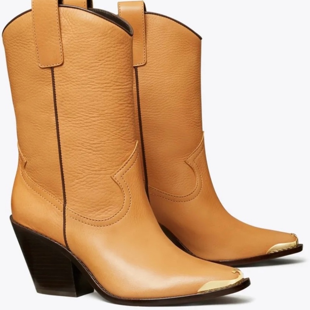 Tory Burch - brand new western mid calf boots with metal “t” detail on toe area